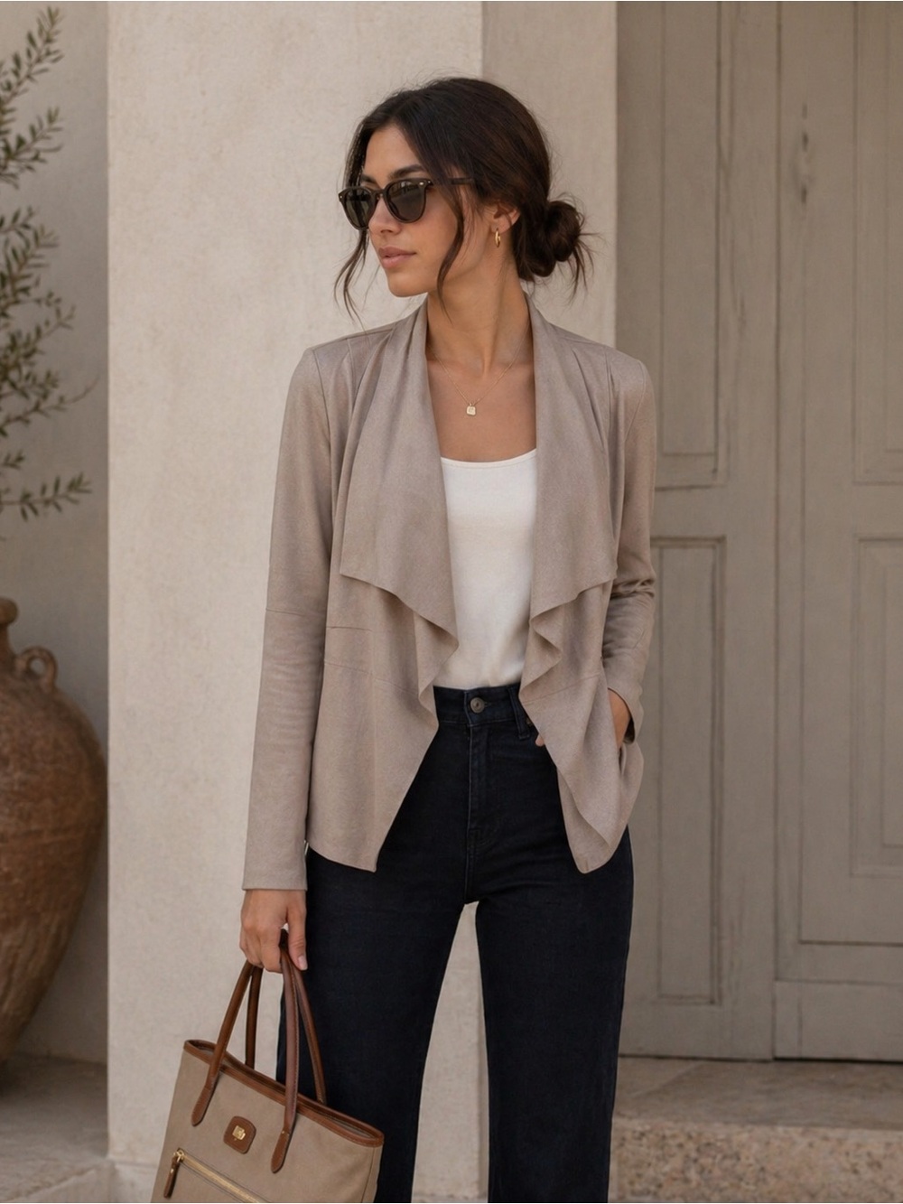 Bagatelle  SOFT Faux Suede Waterfall Jacket w/ Faux Leather Sleeves Beige Small